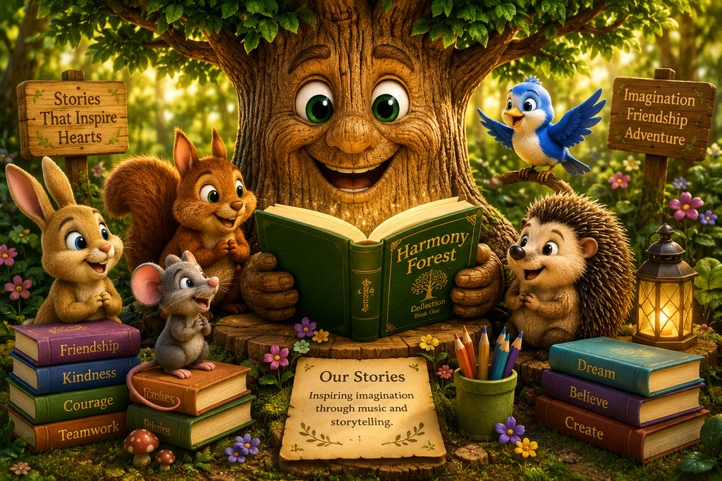 Harmony Forest children's story world featuring the Singing Tree reading with woodland friends