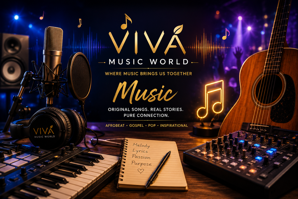 Viva Music World music studio featuring microphone, headphones, keyboard, guitar and recording equipment