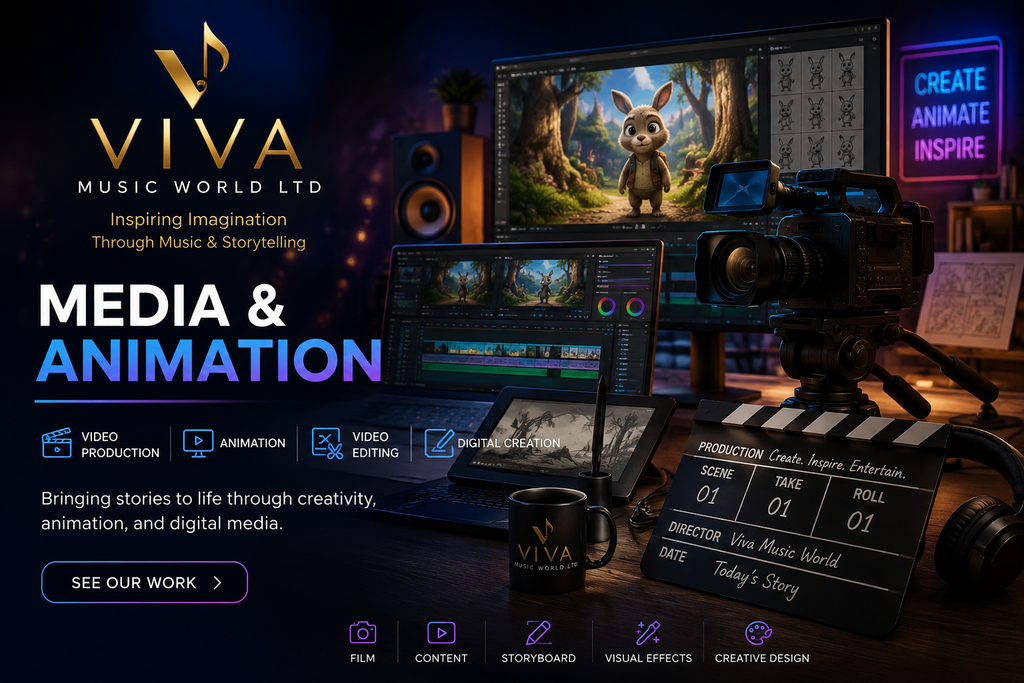 Viva Music World media and animation studio featuring video production, animation, editing and digital creative tools